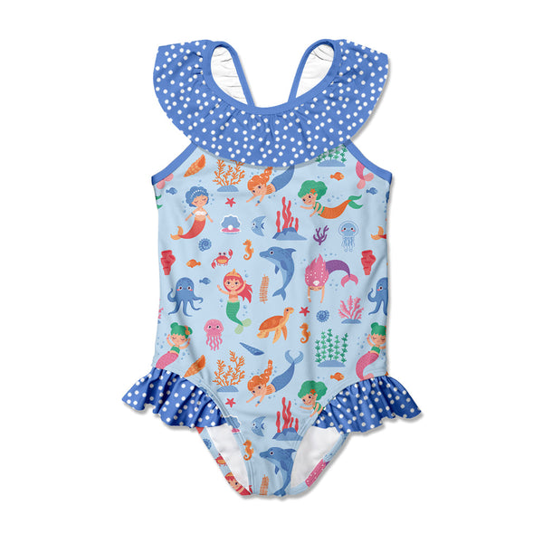 Kids Pale Blue Mermaid Sea Bow Ruffle-Accent Yoke One-Piece