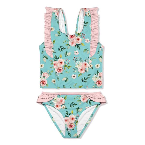 Turquoise Floral Ruffle-Accent Tankini