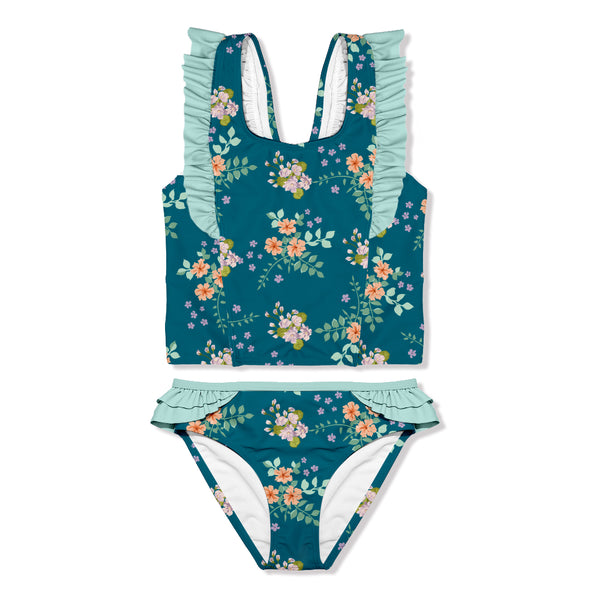 Teal Floral Ruffle-Accent Tankini