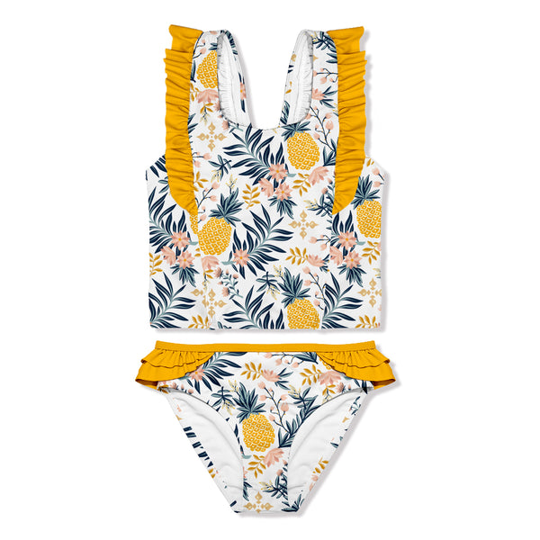 White & Yellow Pineapple Floral Ruffle-Accent Tankini