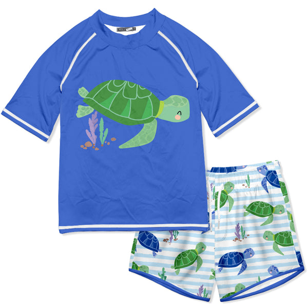 Blue Swimming Turtles Short-Sleeve Rashguard Set