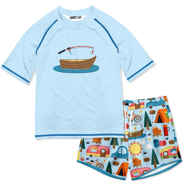 Ice Blue Camping Short-Sleeve Rashguard Set