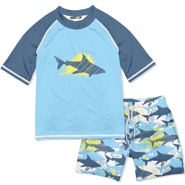 Light Blue Shark School Short-Sleeve Rashguard Set