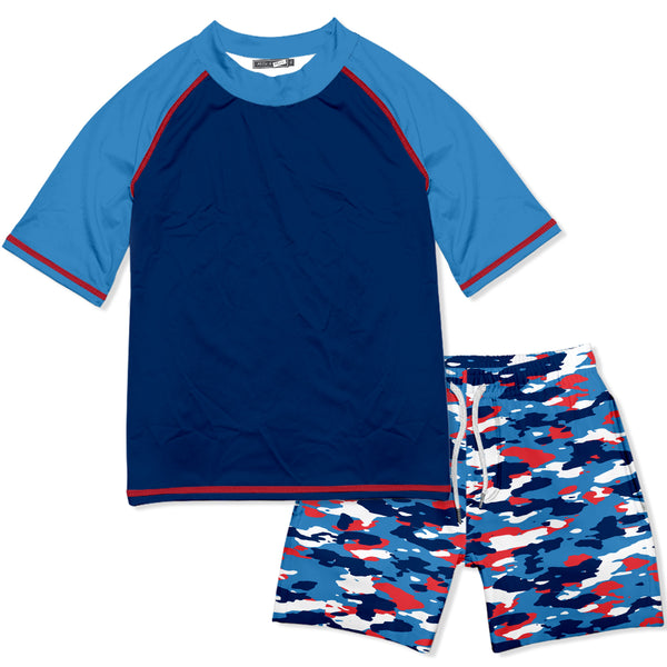 Navy Blue American Camou Flage Short-Sleeve Rashguard Set