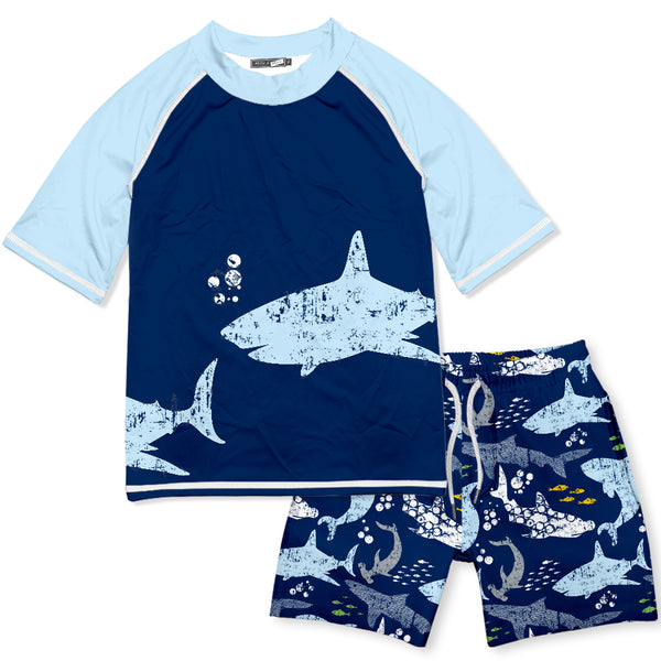 Navy Shark Story Short-Sleeve Rashguard Set