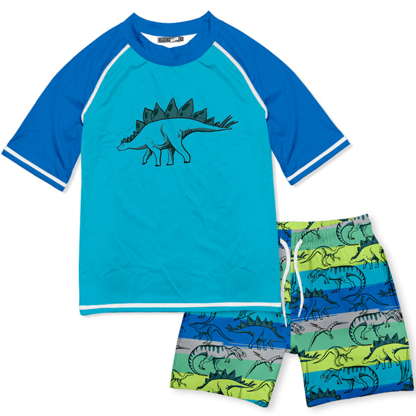 Turquoise Dino Short-Sleeve Rashguard Set