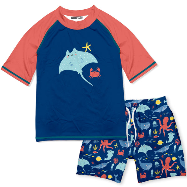 Navy Sea Animals Short-Sleeve Rashguard Set