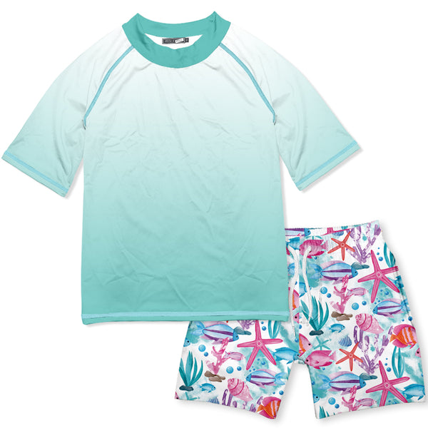 Turquoise Green Water World Short-Sleeve Rashguard Set