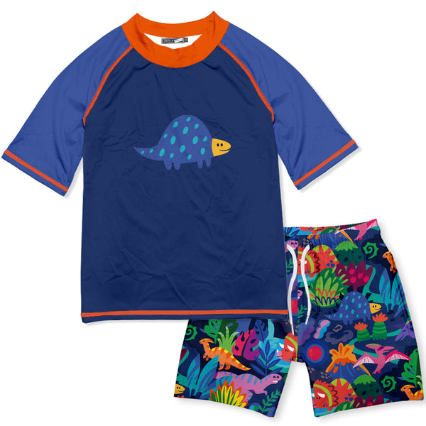 Navy Dino Puzzle Short-Sleeve Rashguard Set