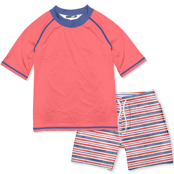 Coral RWB Stripe Short-Sleeve Rashguard Set