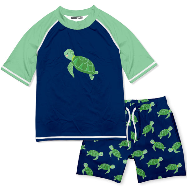 Navy Turtle Rock Short-Sleeve Rashguard Set