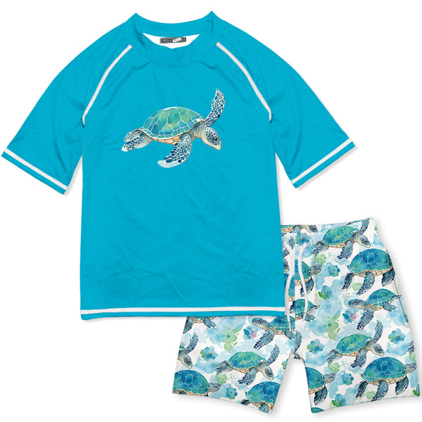 Turquoise Turtle Wonder Short-Sleeve Rashguard Set