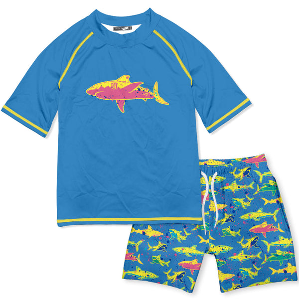 Blue Shark Splatter Short-Sleeve Rashguard Set