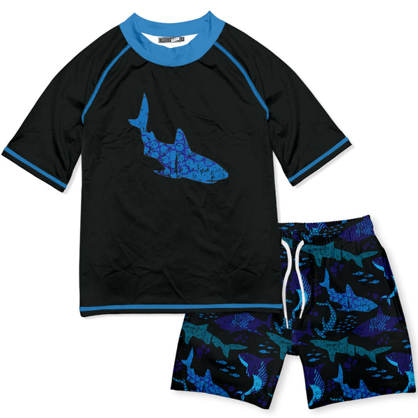 Black Pacific Shark Short-Sleeve Rashguard Set