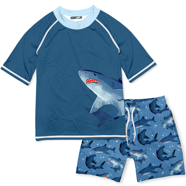 Gray Blue Sam The Shark Short-Sleeve Rashguard Set