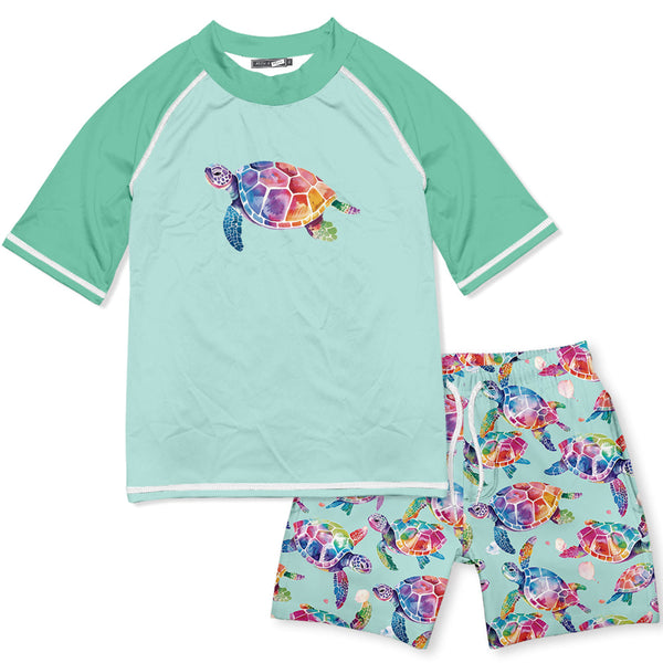 Kids Mint Tie DyeTurtles Short-Sleeve Rashguard Set