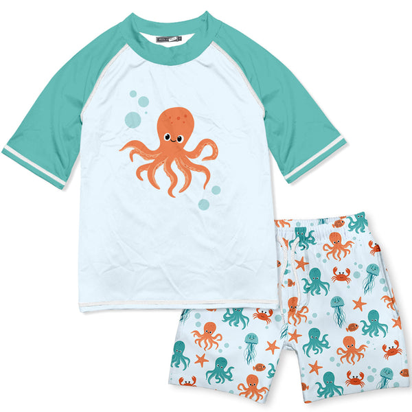 Kids Pale Blue Octopus Sea Short-Sleeve Rashguard Set
