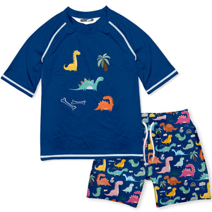 Millie Loves Lily boys dinosaur-themed swim set with blue rash guard and shorts on a white background, front