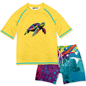 Kids Yellow Turtle Short-Sleeve Rashguard Set