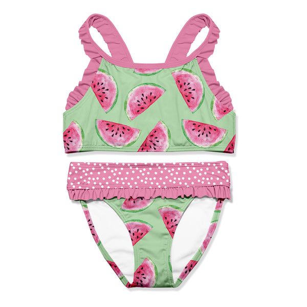 Sage & Pink Watermelon Toss Ruffle-Trim Bikini