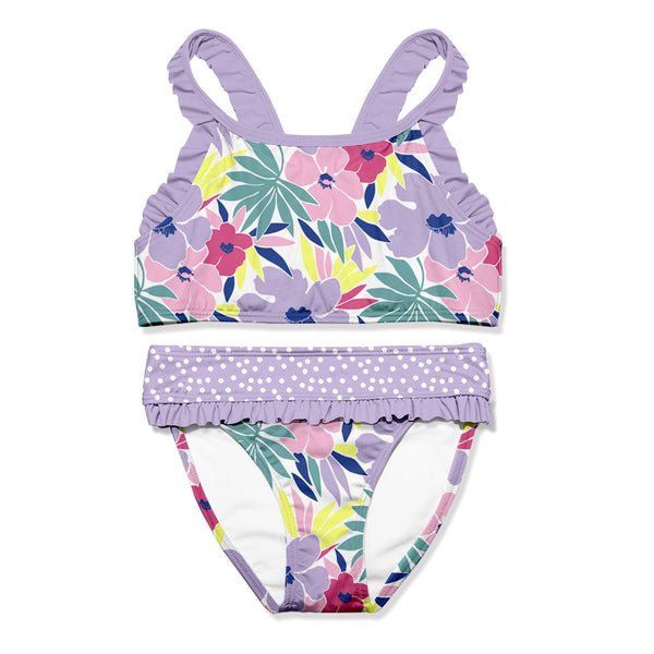 White Tropical Floral Ruffle-Trim Bikini