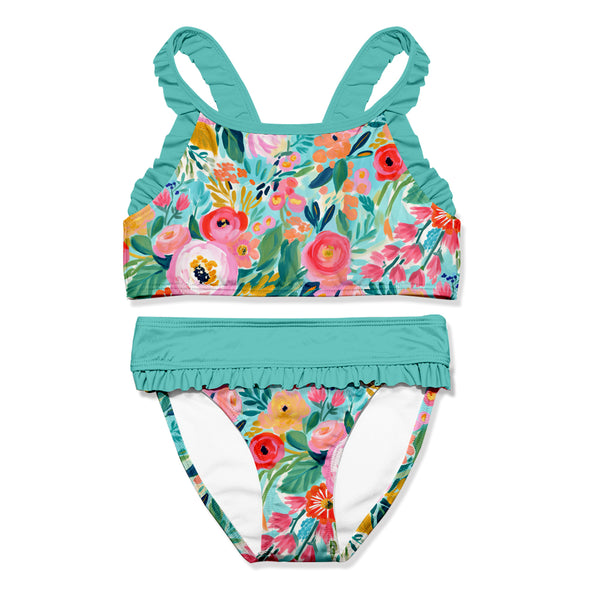 Turquoise Painted Flower Ruffle-Trim Bikini