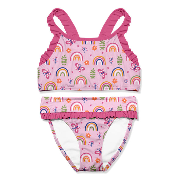 Kids Pink Rainbow Garden Ruffle-Trim Bikini