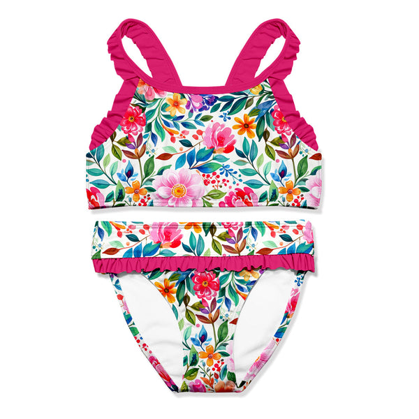 Kids White Becky Floral Ruffle-Trim Bikini