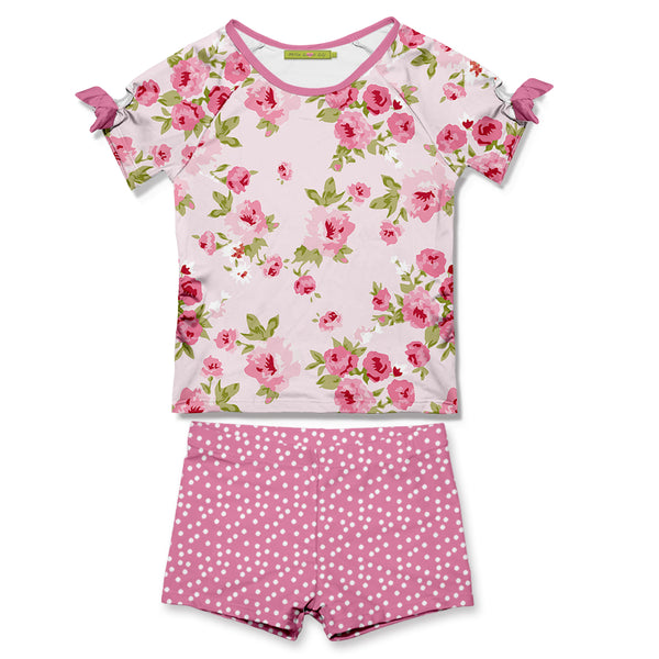 Light Pink Floral Sweet Bow-Sleeve Rashguard Set