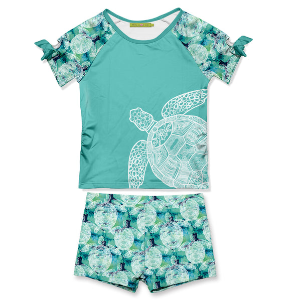 Turquoise Green Tie-Dye Turtle Bow-Sleeve Rashguard Set