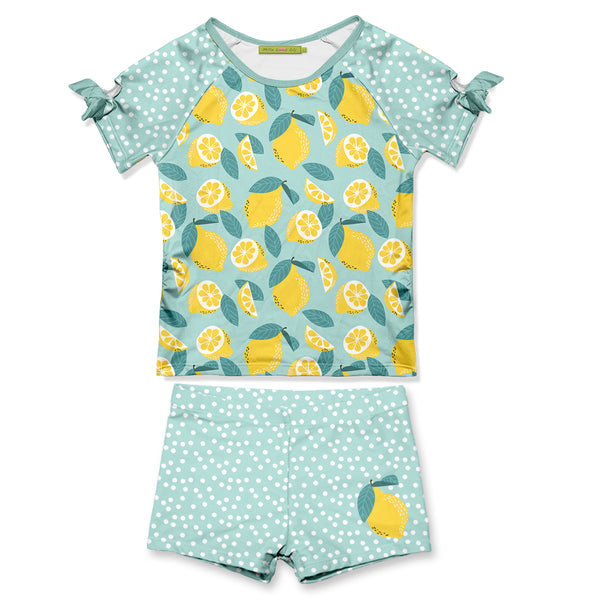 Mint & Yellow Lemon Bow-Sleeve Rashguard Set