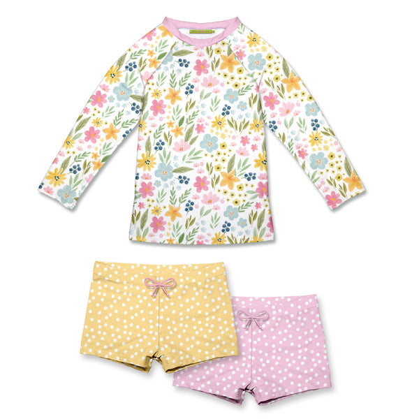 Pink Flower Long-Sleeve 3-PC Rashguard Set