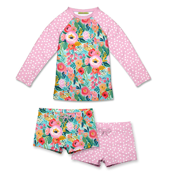 Pink Painted Flower Long-Sleeve 3-PC Rashguard Set