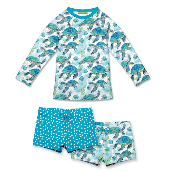 Millie Loves Lily Girls Turquoise Turtle Long Sleeve Rashguard Set