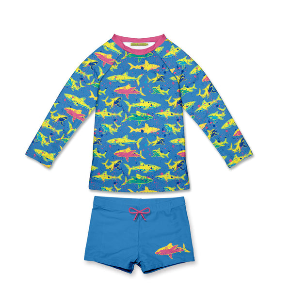 Turquoise Shark Splatter Long-Sleeve Rashguard Set