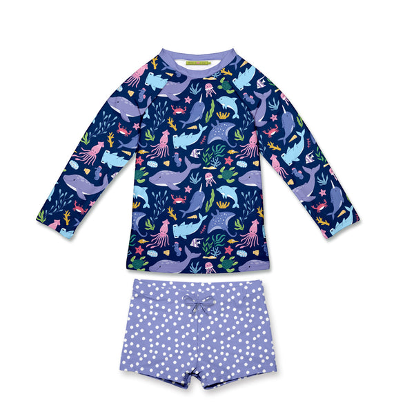 Kids Navy Sea World Long-Sleeve Rashguard Set
