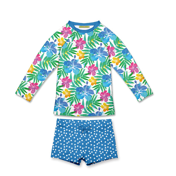 Kids White Hawaiian Neon Long-Sleeve Rashguard Set
