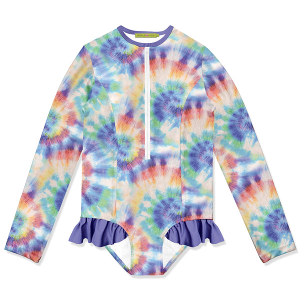 Purple Tie-Dye Ruffle-Accent One-Piece Rashguard