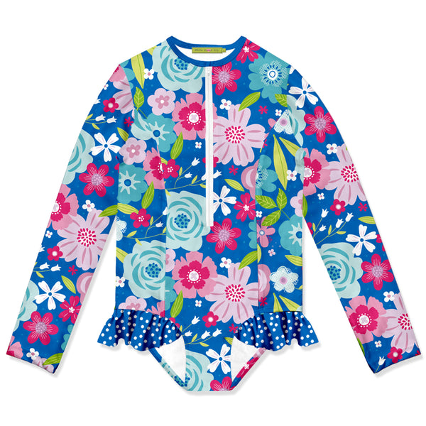 Blue Flower Sparkle Ruffle-Accent One-Piece Rashguard