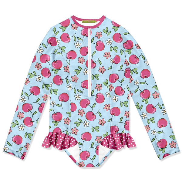 Ice Blue Cherries Ruffle-Accent One-Piece Rashguard