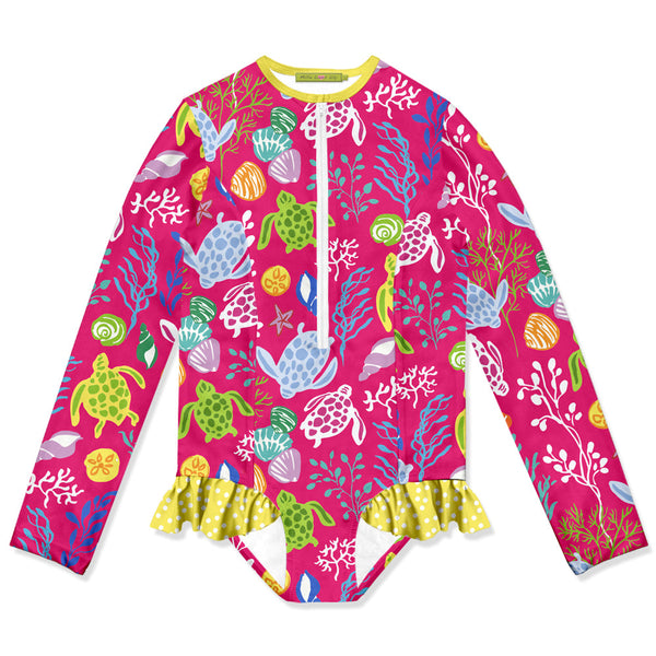 Fuchsia Ocean Things Ruffle-Accent One-Piece Rashguard