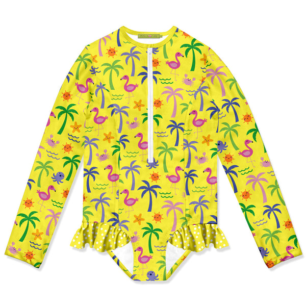 Yellow Beach Ruffle-Accent One-Piece Rashguard