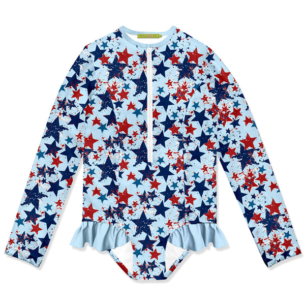 Ice Blue Star Ruffle-Accent One-Piece Rashguard