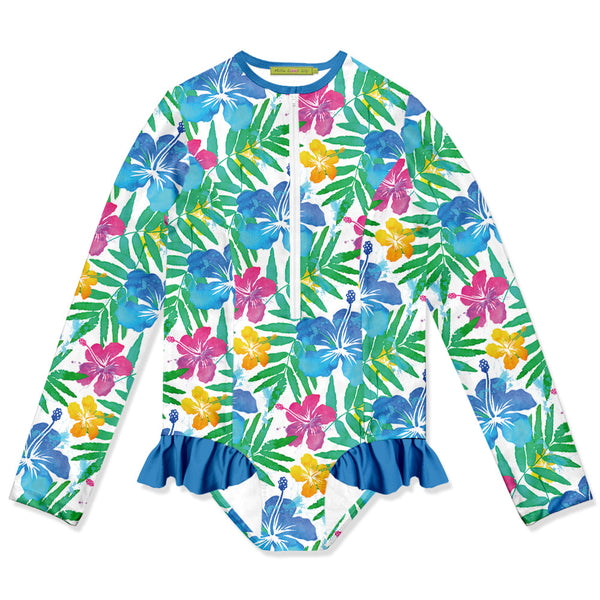 Kids White Hawaiian Neon Ruffle-Accent One-Piece Rashguard