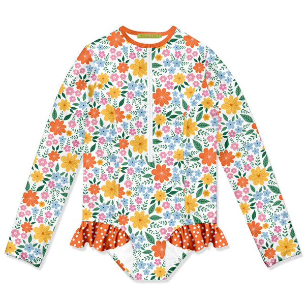 Kids White Summer Bloom Ruffle-Accent One-Piece Rashguard
