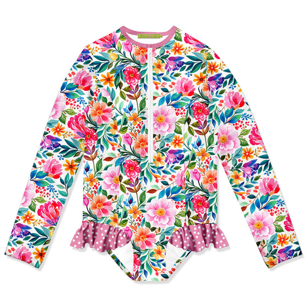Kids White Becky Floral Ruffle-Accent One-Piece Rashguard