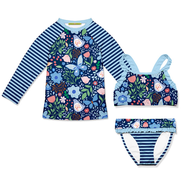 Navy Butterfly Garden Ruffle Bikini & Rashguard Set