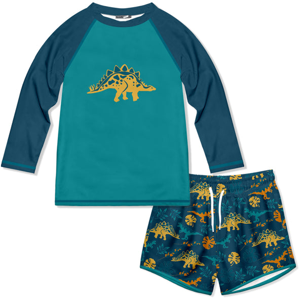 Teal Tropical Dino Long-Sleeve Rashguard Set