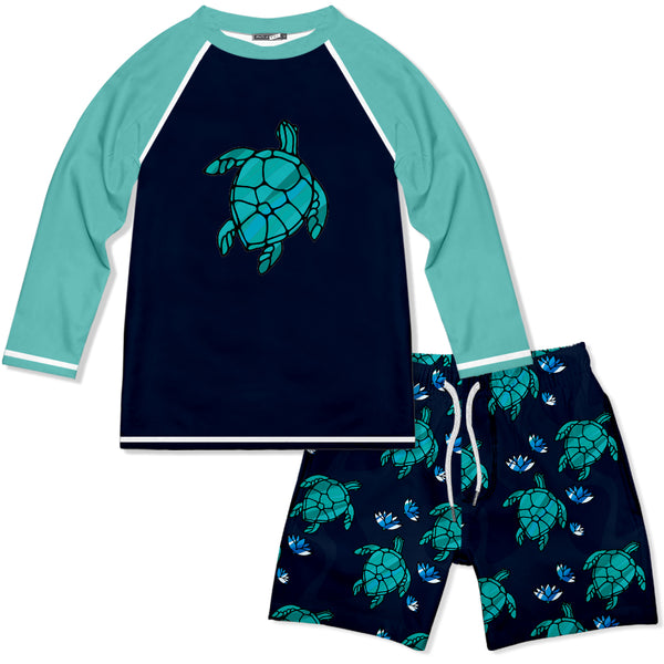 Black Glass Turtles Long-Sleeve Rashguard Set