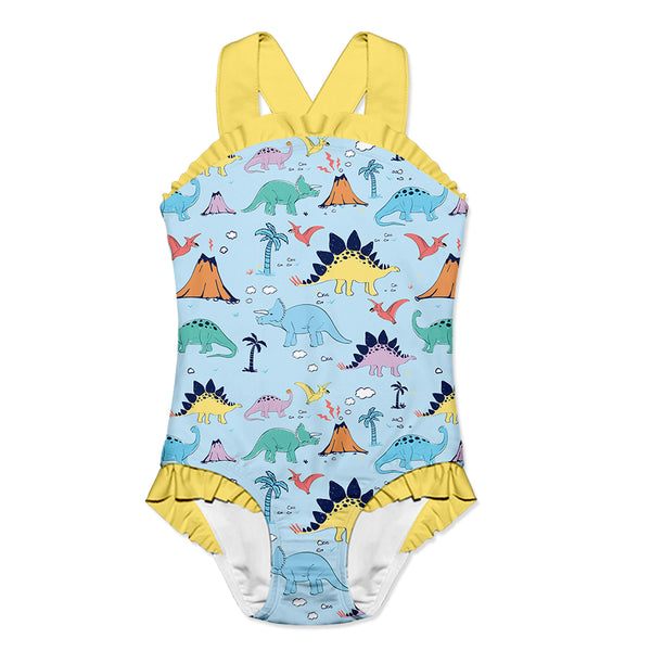 Light Blue Island Dino Ruffle-Accent Strap One-Piece